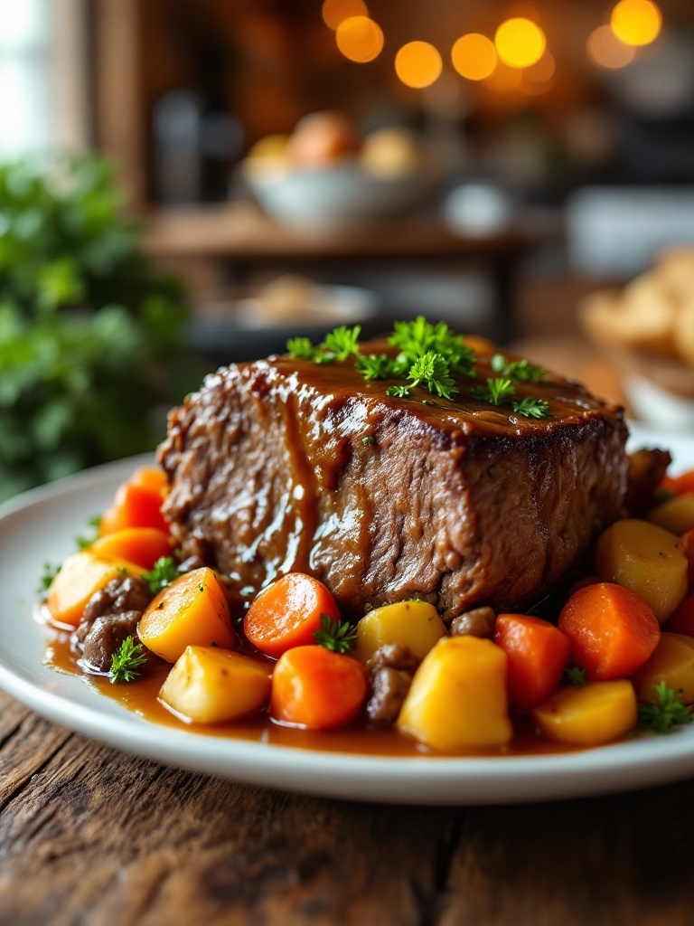 Savory Easy Crock Pot Pot Roast with Gravy A savory pot roast with gravy, served with carrots and potatoes on a wooden table.
