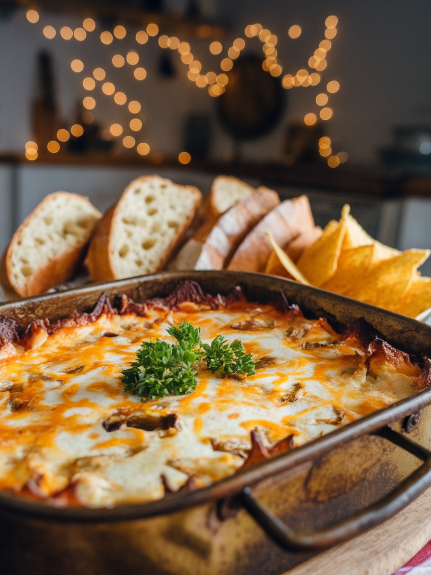 Delicious Easy Baked Artichoke Dip Recipe A bubbling baked artichoke dip in a rustic dish, garnished with parsley, accompanied by toasted baguette slices and tortilla chips.