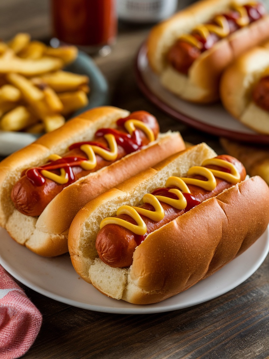 Quick and Delicious 10 Minute Air Fryer Hot Dogs Delicious air fryer hot dogs in buns, topped with condiments, served with fries on a rustic table.