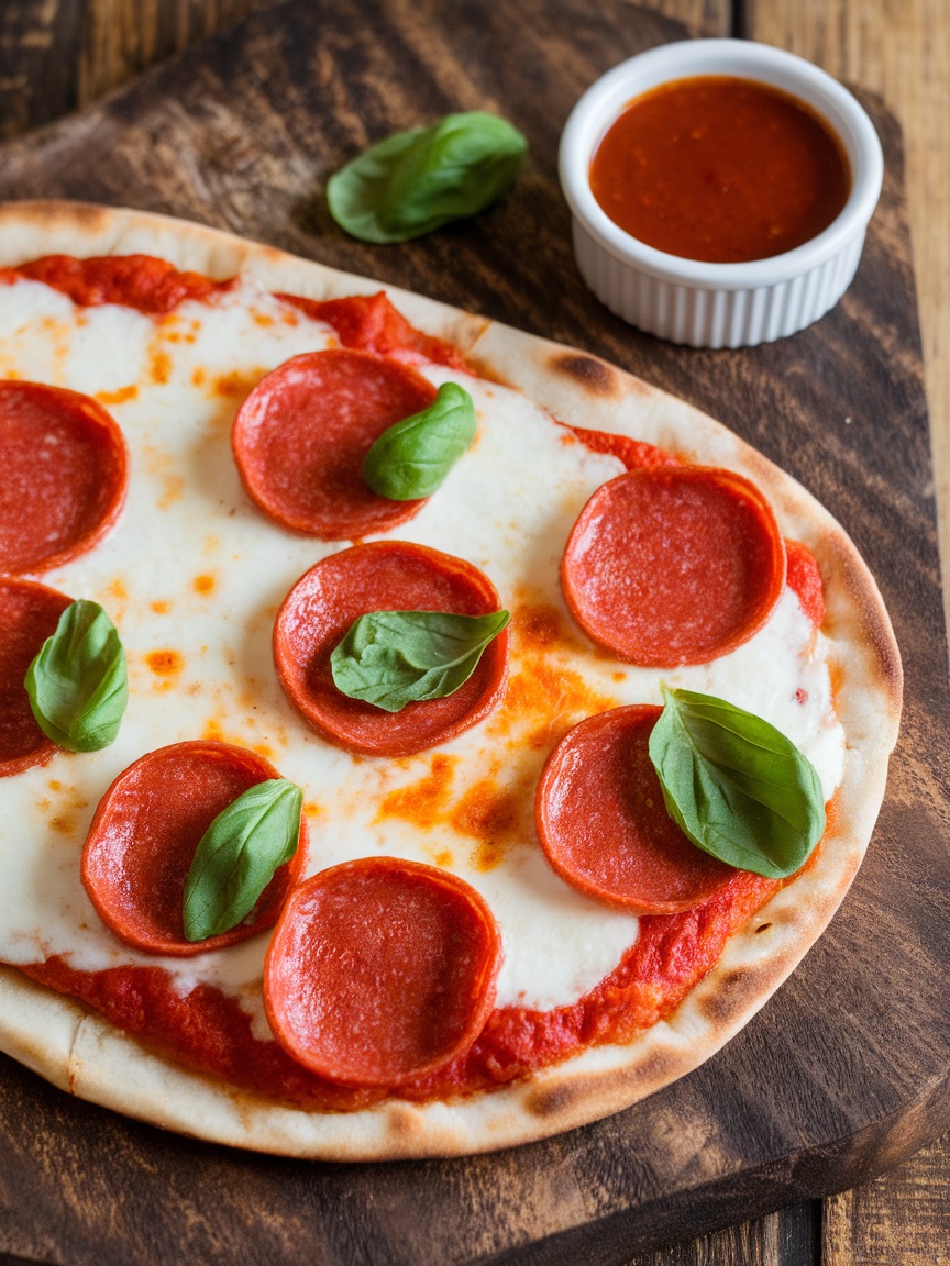 Quick and Delicious 15-Minute Naan Pizza Recipe Naan pizza topped with cheese and pepperoni on a wooden board.
