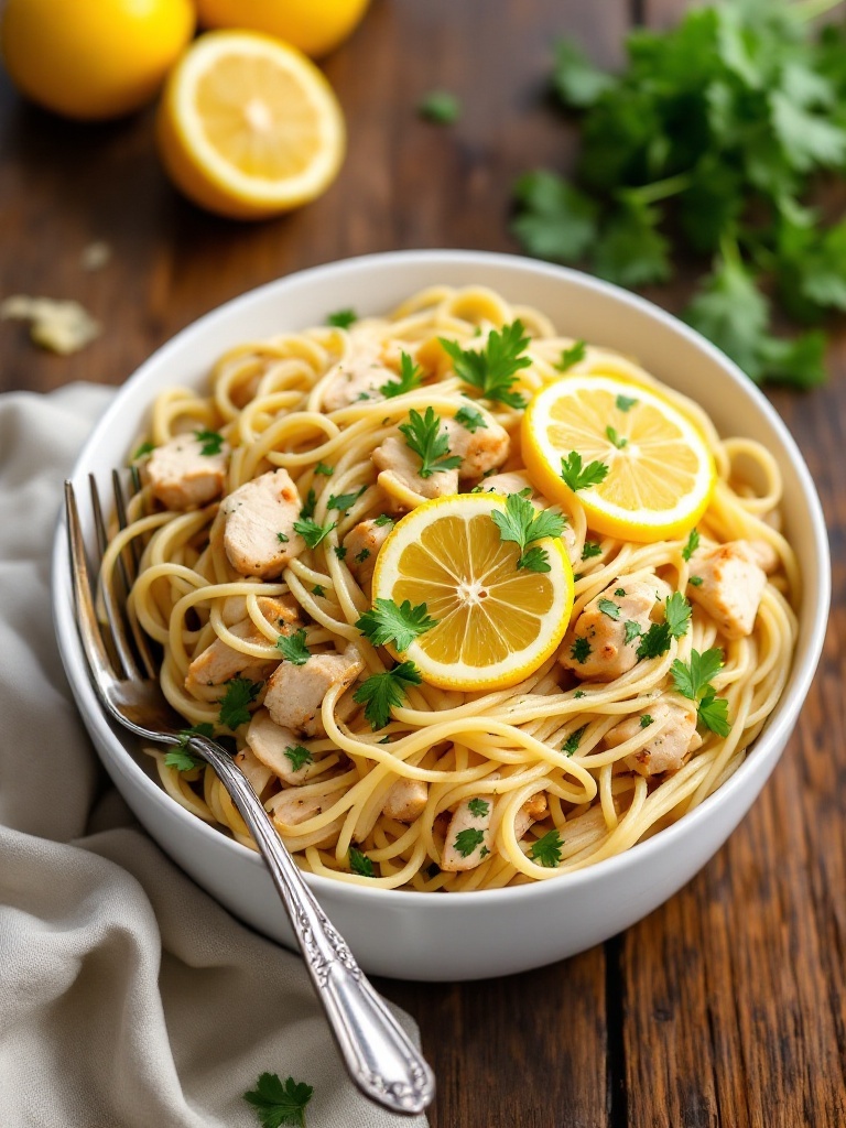 Quick and Delicious Lemon Chicken Pasta Recipe A vibrant bowl of lemon chicken pasta with spaghetti, chicken, and parsley on a rustic table.