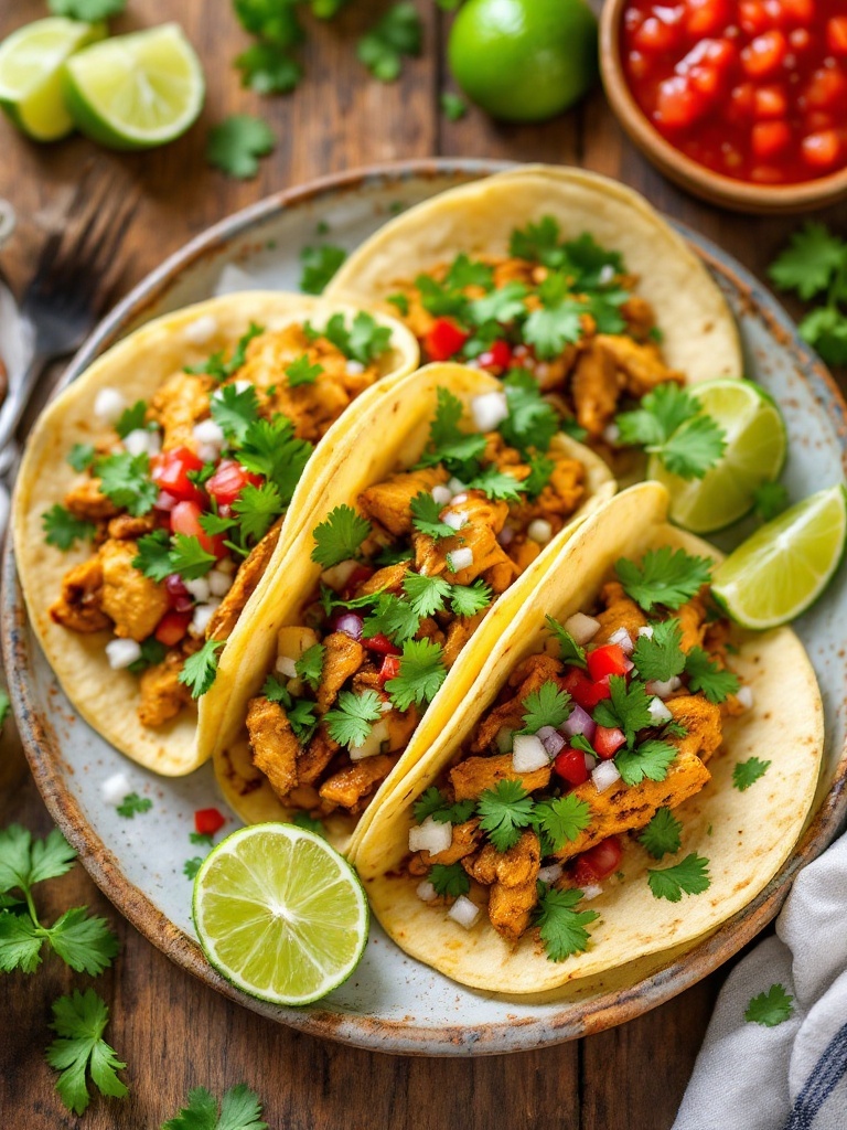 Authentic Chicken Street Tacos Recipe A plate of chicken street tacos with cilantro and lime on a rustic table.