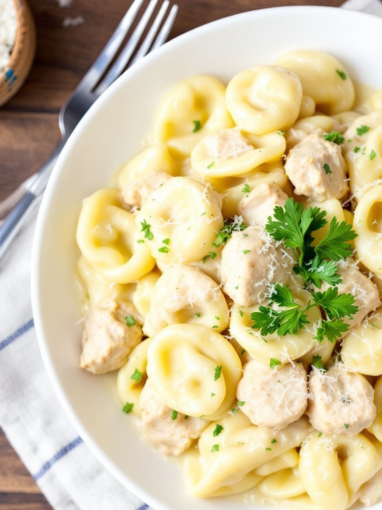Creamy Chicken Tortellini Alfredo Recipe A delicious plate of Chicken Tortellini Alfredo with creamy sauce and garnished with parsley and Parmesan.