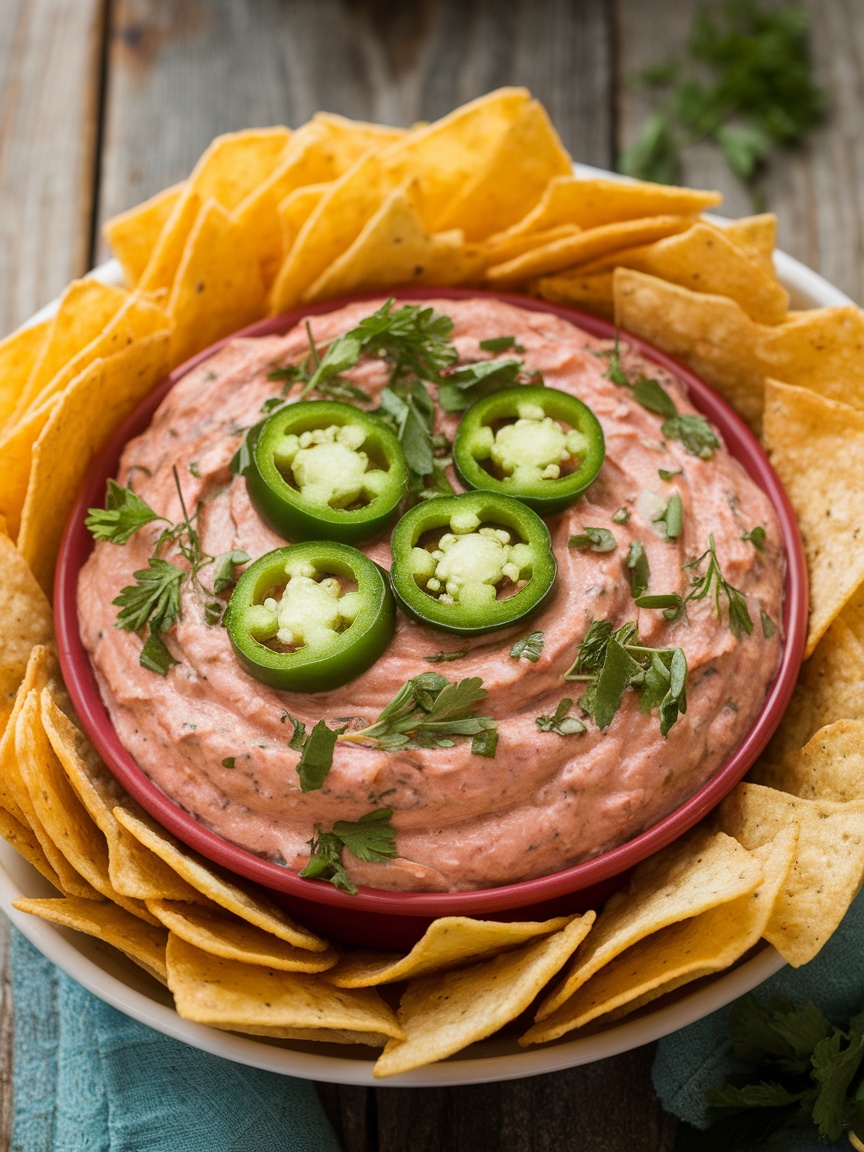 Quick and Easy 20 Minute Cold Jalapeno Popper Dip Cold jalapeno popper dip with tortilla chips, garnished with jalapenos on a rustic wooden table.