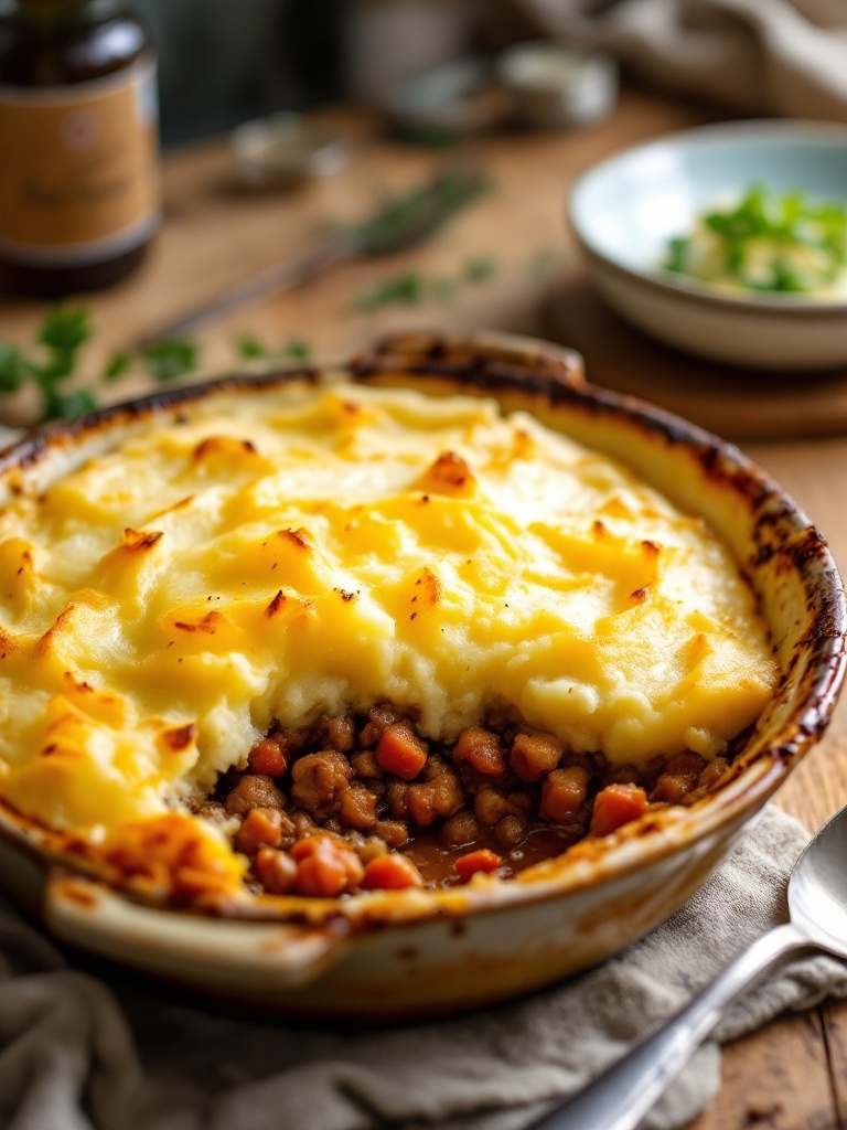 Quick and Easy Cottage Pie Recipe A freshly baked cottage pie with golden mashed potatoes, steam rising, in a rustic kitchen setting.