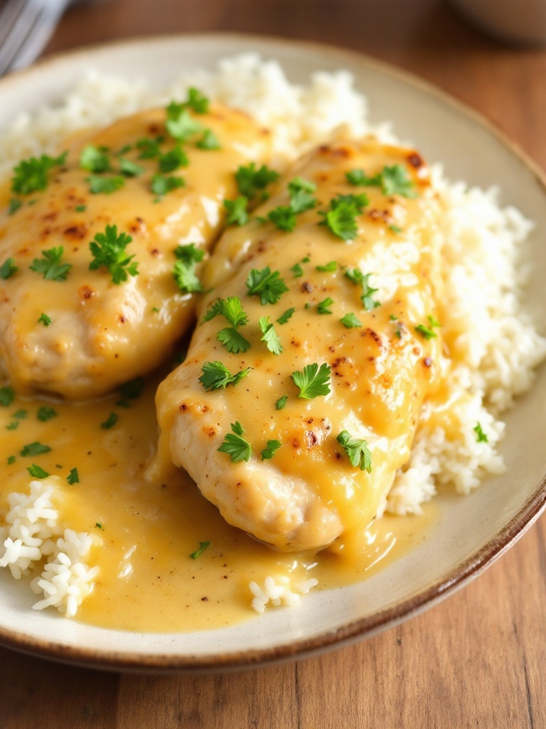 Creamy Lemon Pepper Chicken Recipe Creamy lemon pepper chicken served over rice, garnished with parsley on a wooden table.