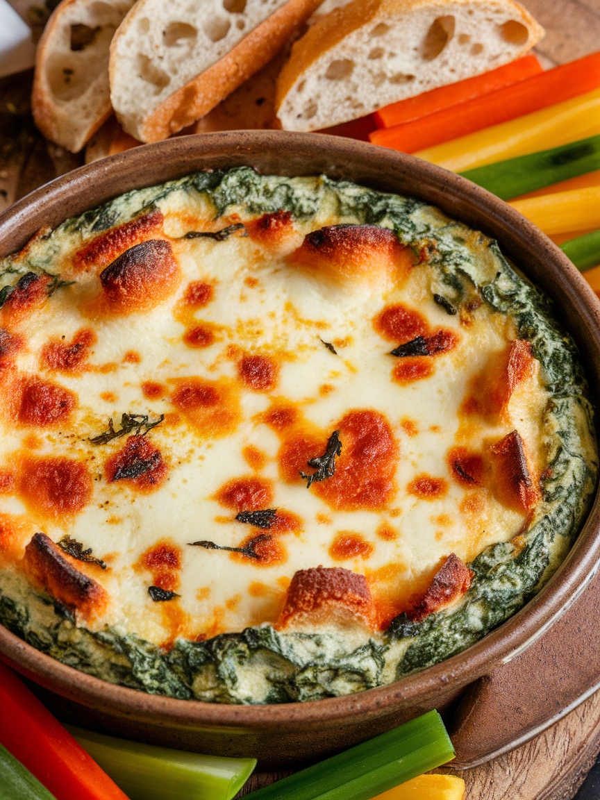 Creamy Italian Spinach Dip Recipe A creamy spinach dip in a ceramic bowl with melted cheese on top, served with bread and veggies.