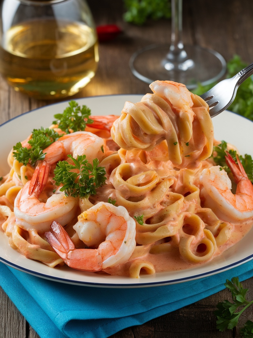 Quick and Flavorful Creamy Cajun Shrimp Pasta A plate of creamy Cajun shrimp pasta with shrimp, parsley, and a fork resting beside it, on a rustic table.