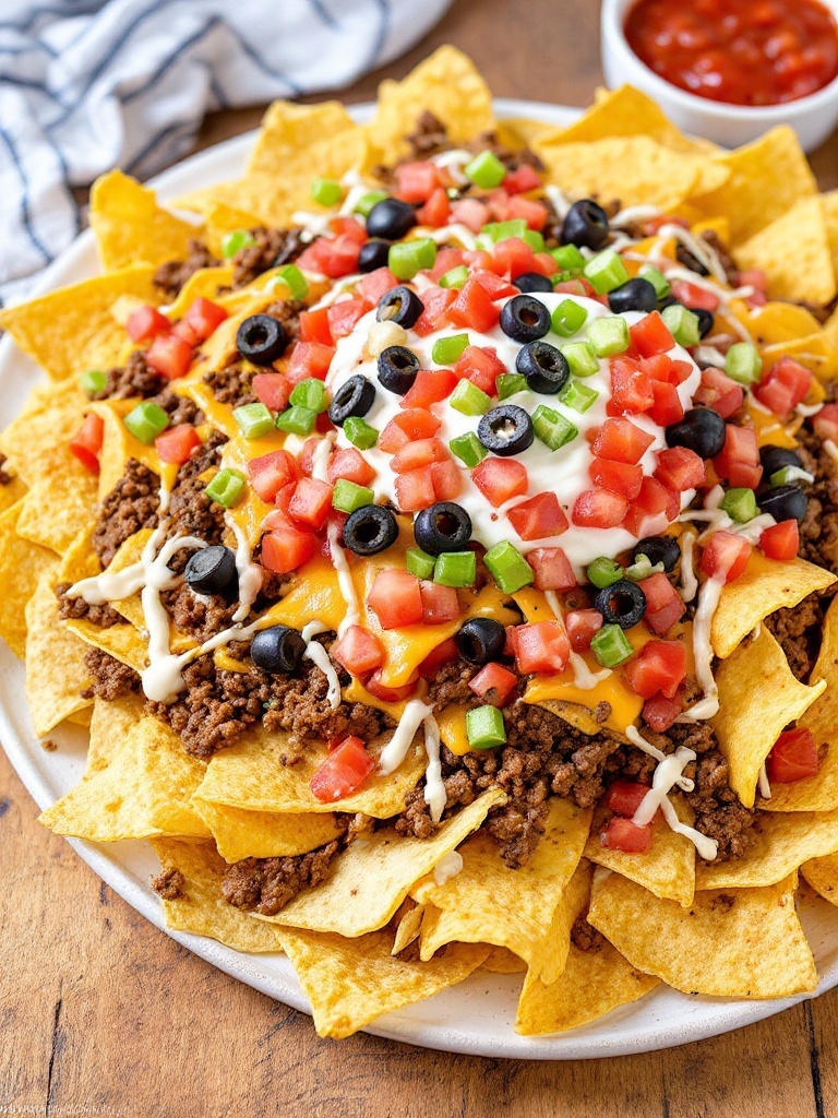 Savory Easy Ground Beef Loaded Nachos Loaded nachos with ground beef, cheese, tomatoes, and olives on a wooden table with salsa and sour cream.