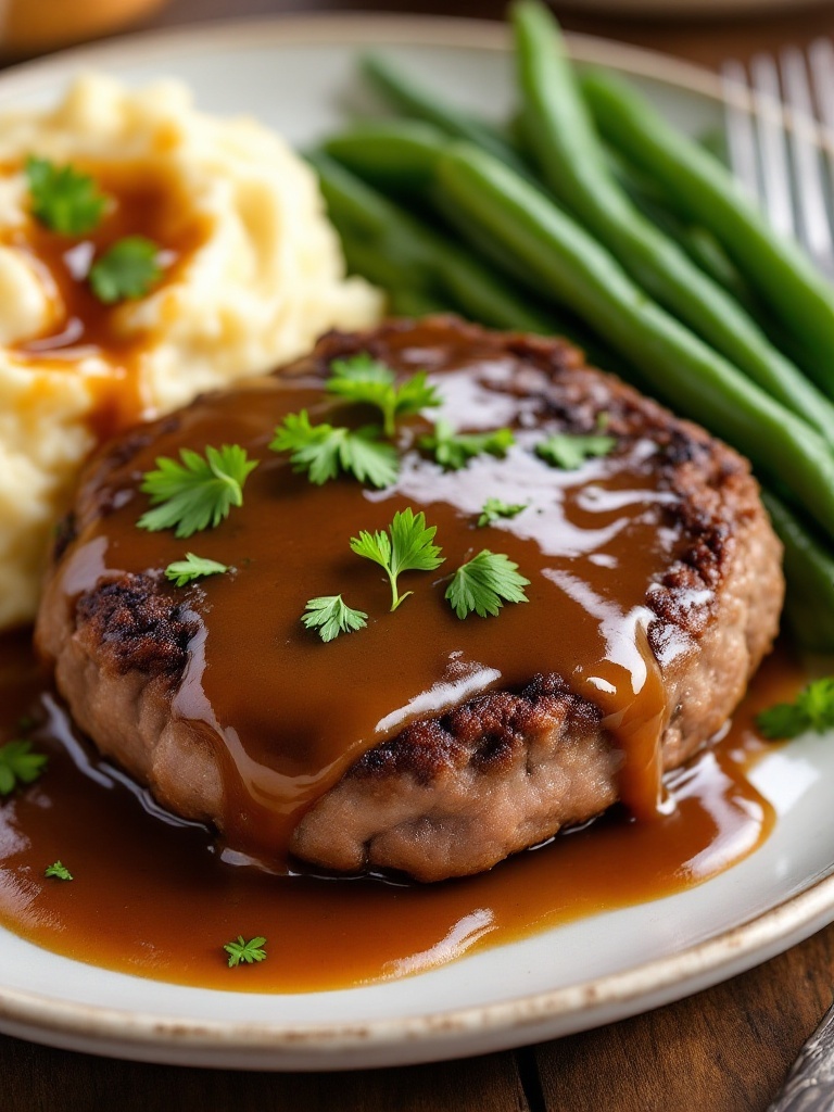 Classic Easy Salisbury Steak Recipe A plate of Salisbury steak with gravy, mashed potatoes, and green beans, ready to be enjoyed.