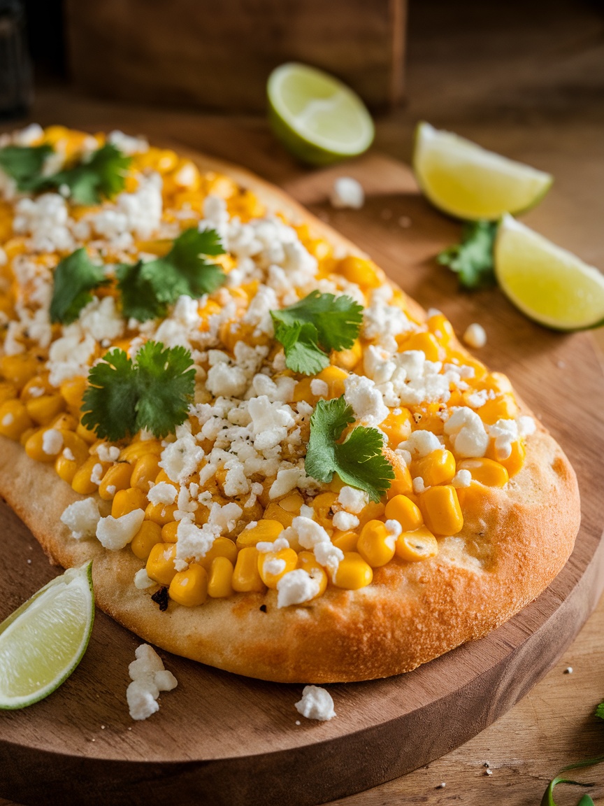 Savory Mexican Street Corn Flatbread Recipe Golden brown Mexican street corn flatbread topped with corn, cheese, and cilantro, served with lime wedges on a rustic board.