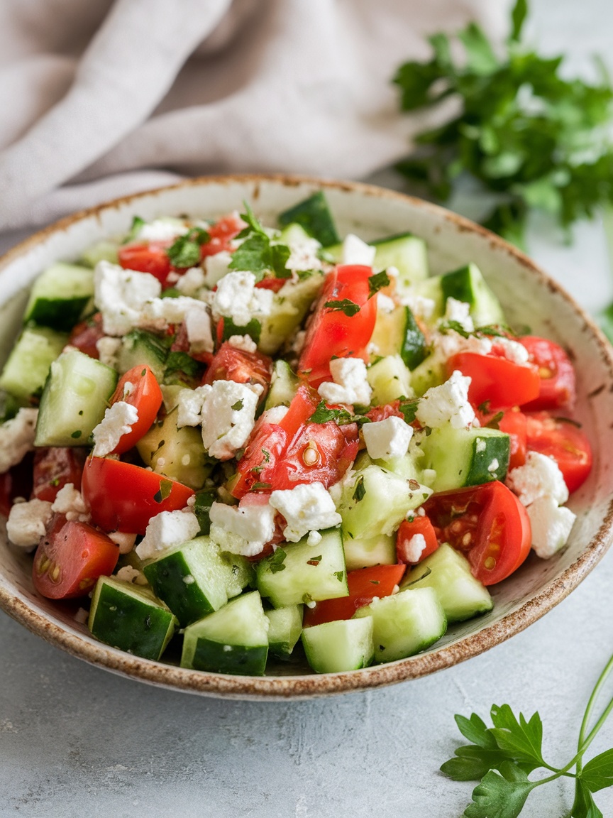 The Easiest Greek Cucumber Salad Recipe (15 Minutes!) A colorful Greek cucumber salad with cucumbers, tomatoes, feta, and parsley in a rustic bowl.